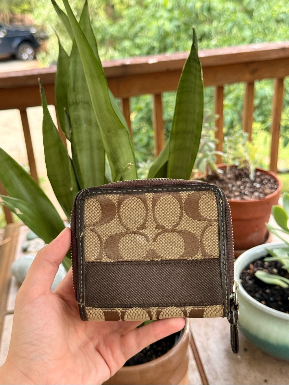 Coach Brown Signature Canvas Zip Wallet with Dark Brown Trim - Picture 2 of 5